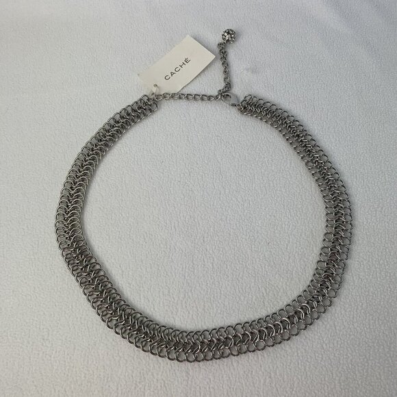 Cache Silver Heavy 3 Row Chain Statement Necklace 1” Wide New - Picture 1 of 9
